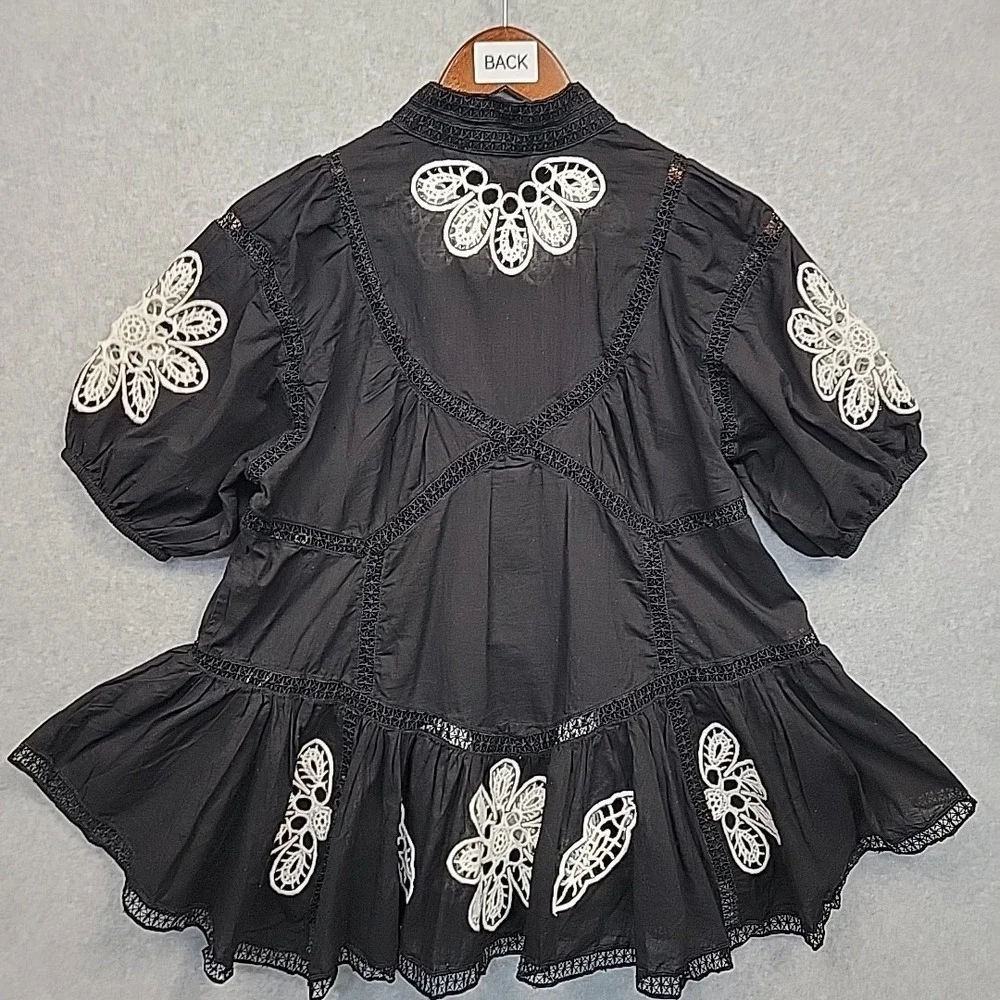 Forever‎ That Girl Anthropologie Black Blouse Top With Lace Embroidery Boho XS